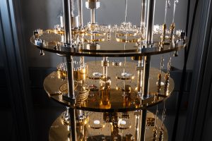 Interior view of a dilution refrigerator for maintaining temperatures as low as 10 mK (- 273.14 °C) for quantum applications.