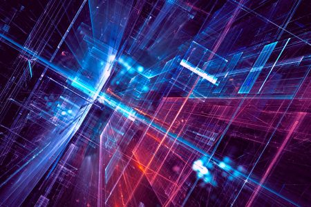 Blue and purple perspective background- digitally generated image Abstract science fiction or future technology background - computer-generated 3d illustration. Fractal art: diagonal inclined hall or glass room with light effects.