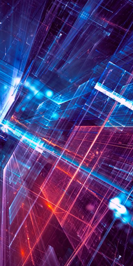 Abstract science fiction or future technology background - computer-generated 3d illustration. Fractal art: diagonal inclined hall or glass room with light effects.