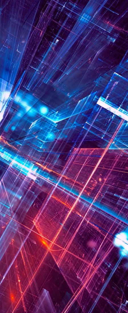 Abstract science fiction or future technology background - computer-generated 3d illustration. Fractal art: diagonal inclined hall or glass room with light effects.