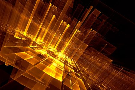 Perspective background in technology style – digitally generated fractal Abstract golden science fiction or future technology bakground - computer-generated 3d illustration. Digital art: blue and purple room or portal with a diagonal slope. For banners, posters, web design.
