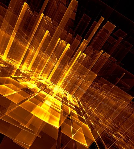 Abstract golden science fiction or future technology bakground - computer-generated 3d illustration. Digital art: blue and purple room or portal with a diagonal slope. For banners, posters, web design.