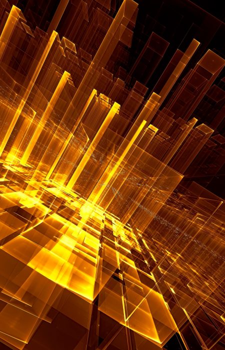 Abstract golden science fiction or future technology bakground - computer-generated 3d illustration. Digital art: blue and purple room or portal with a diagonal slope. For banners, posters, web design.