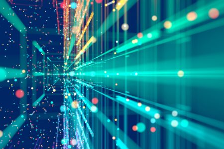 Technology abstract Abstract colorful grid surrounded by glowing particles
