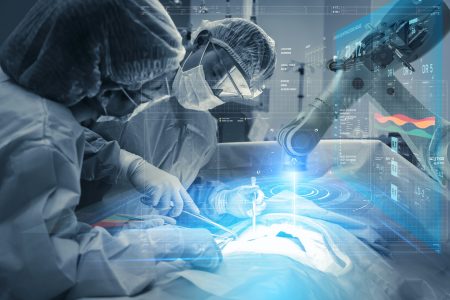 Operating room Doctor or Surgeon anatomy on Advanced robotic surgery machine futuristic virtual interface, robotic surgery are precision, miniaturisation future of tomorrow healthcare and wellness
