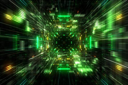 Flight into cosmic futuristic HUD tunnel seamless VJ loop for music videos, night clubs, audiovisual show and performance, LED screens and projection mapping. 3D render