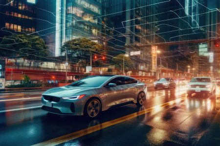 A photo of a self – driving car navigating through a cityscape, showcasing the advancements in autonomous vehicle technology. Generative AI A photo of a self - driving car navigating through a cityscape, showcasing the advancements in autonomous vehicle technology with Generative AI