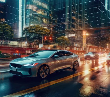 A photo of a self - driving car navigating through a cityscape, showcasing the advancements in autonomous vehicle technology with Generative AI