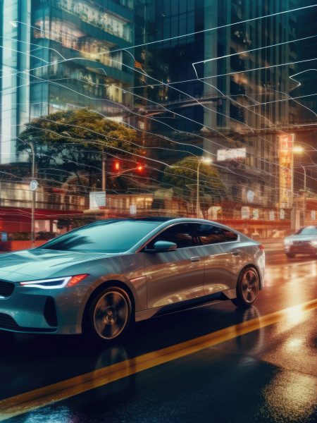 Une photo d'une voiture autonome circulant dans un paysage urbain, illustrant les progrès réalisés dans le domaine de la technologie des véhicules autonomes grâce à l'IA générative.